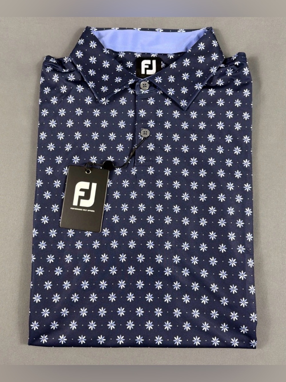 FootJoy Golf Shirt Polo Sleeve Logo Flower Foulard Print Large Navy NWT MSRP $95